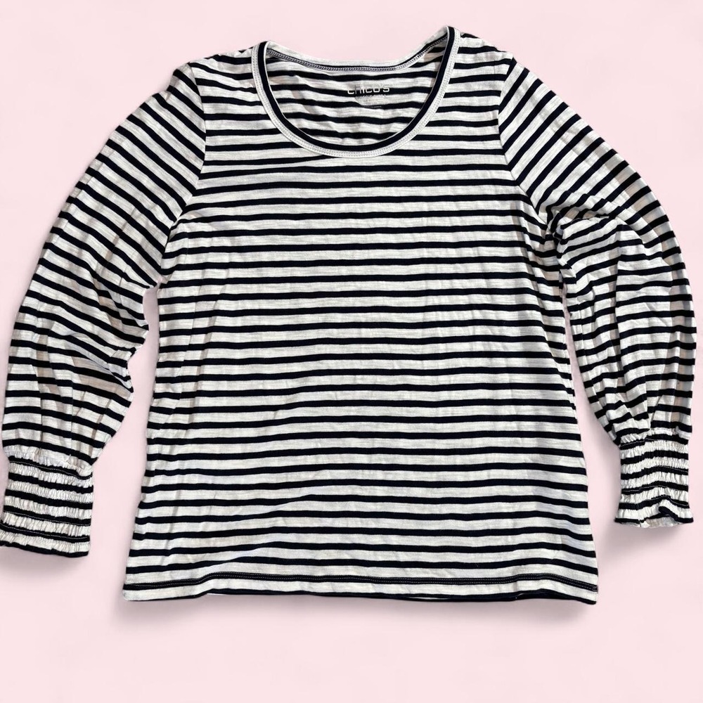 NWT Chico's Medium White and Black Striped Long Sleeve Shirt Shirred Cuff